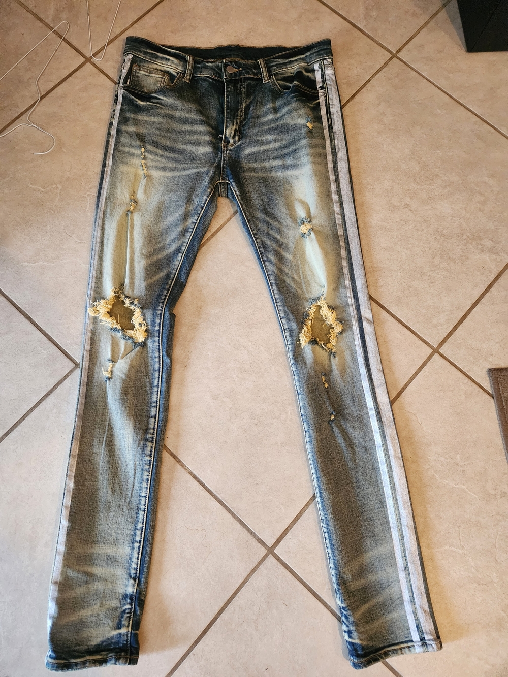 Size 34 MNML Distressed Light Blue Skinny Jeans with White Side Stripe